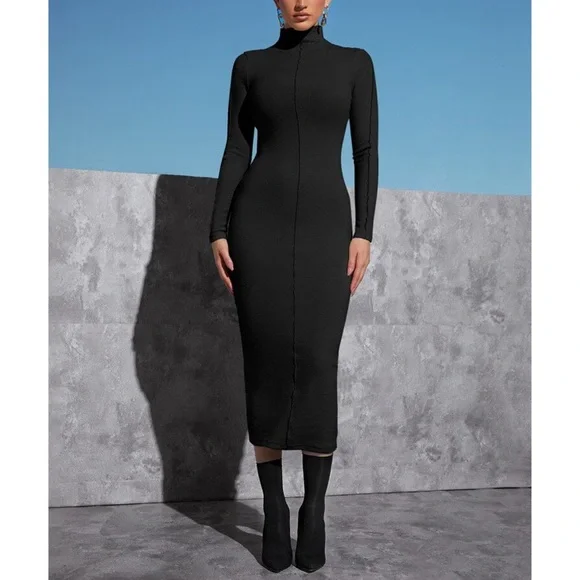 π€ BLACK MOCK NECK BODYCON MAXI DRESS! - Picture 1 of 6